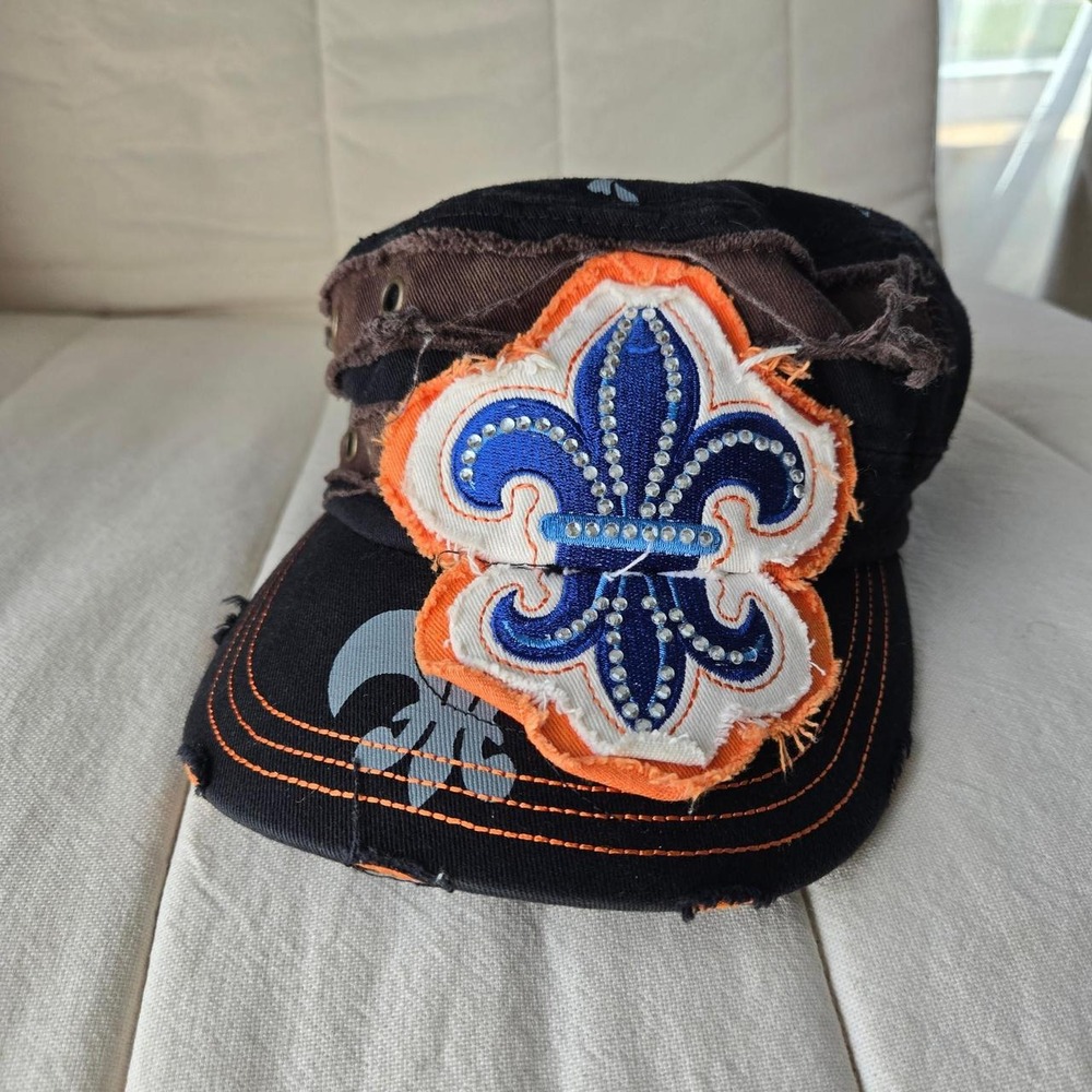 Y2K black & orange rhinestone fleur de lis cadet cap